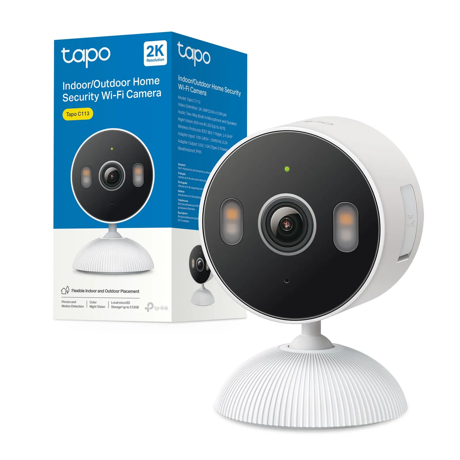 Tapo C113 Cámara Inteligente 2K 3MP, Interior/Exterior IP65, Detección IA, Visión Nocturna Color, Audio Bidireccional, Almacenamie